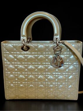 DIOR, LADY DIOR Large Vintage taupe Patent Leather silver hardware, Pristine!